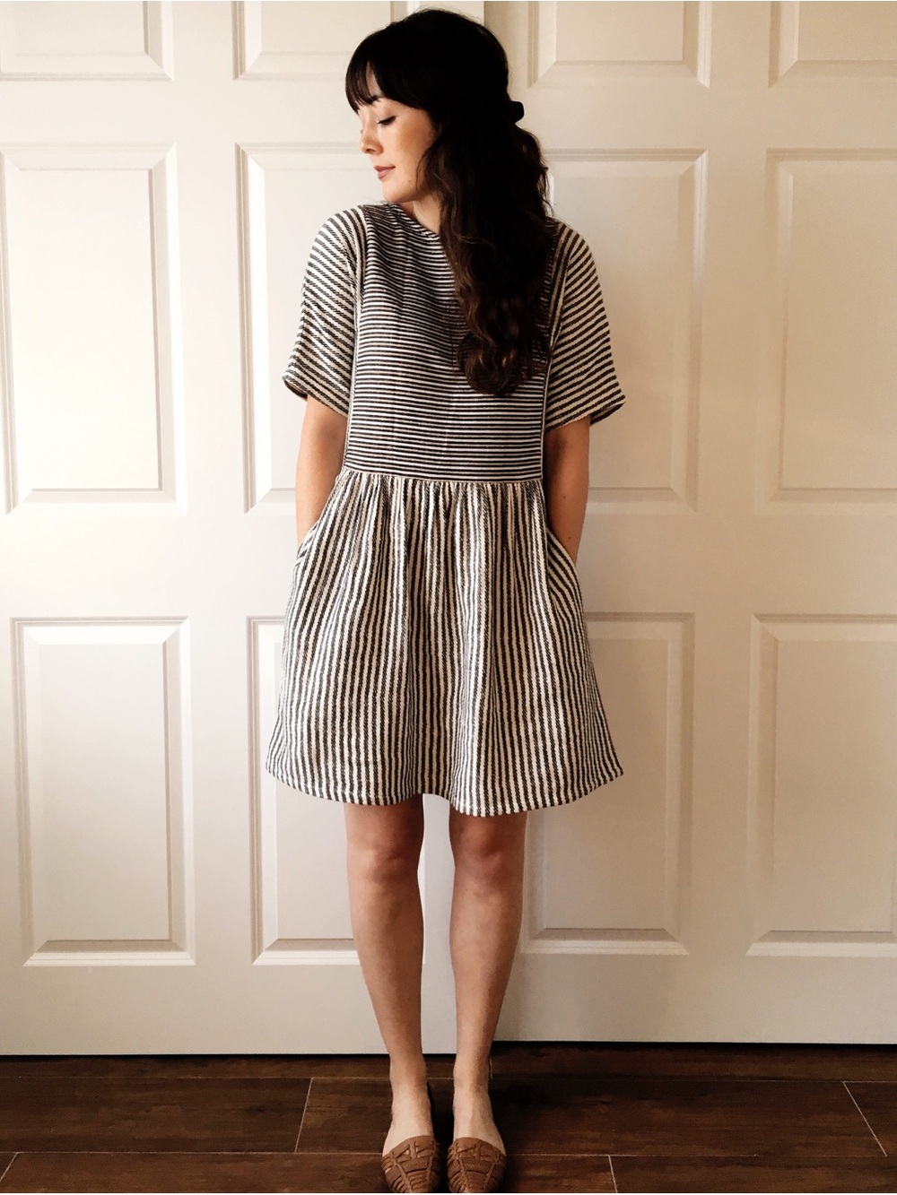 MELLODAY Taupe and Black Striped Mini Dress